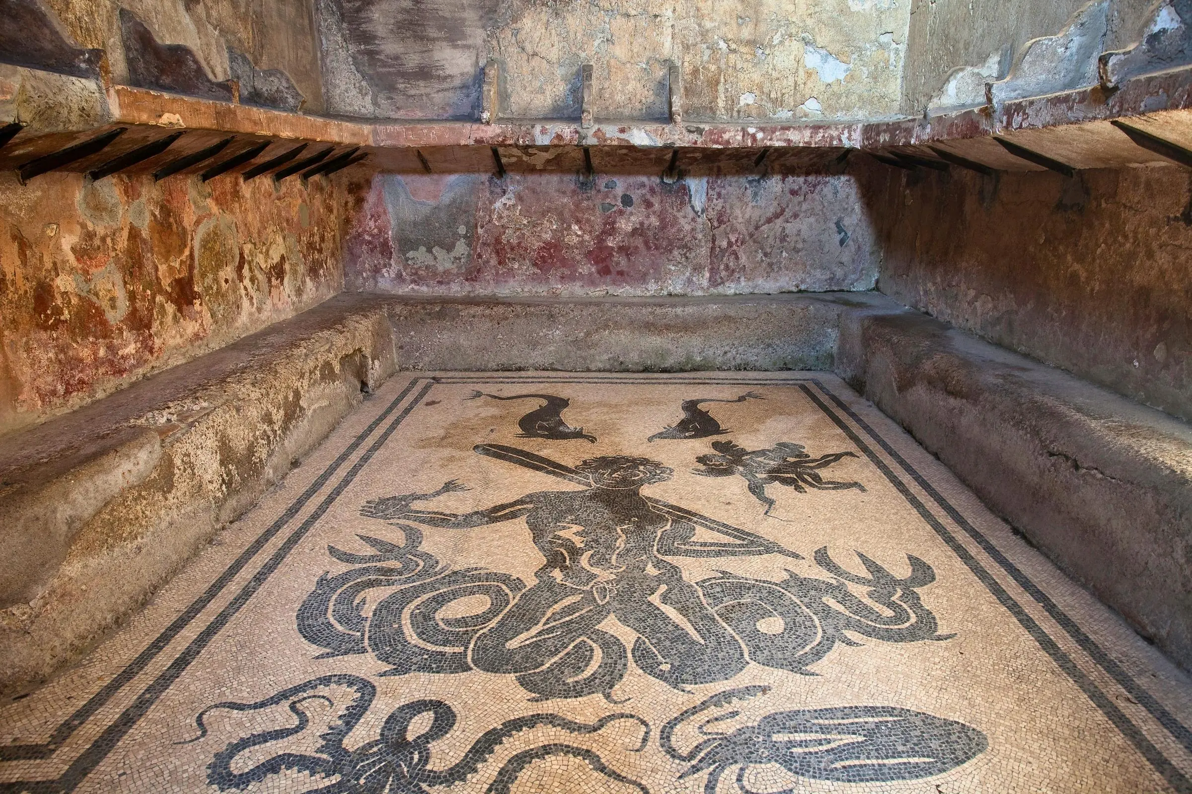 Intact mosaics inside the Herculaneum thermal baths