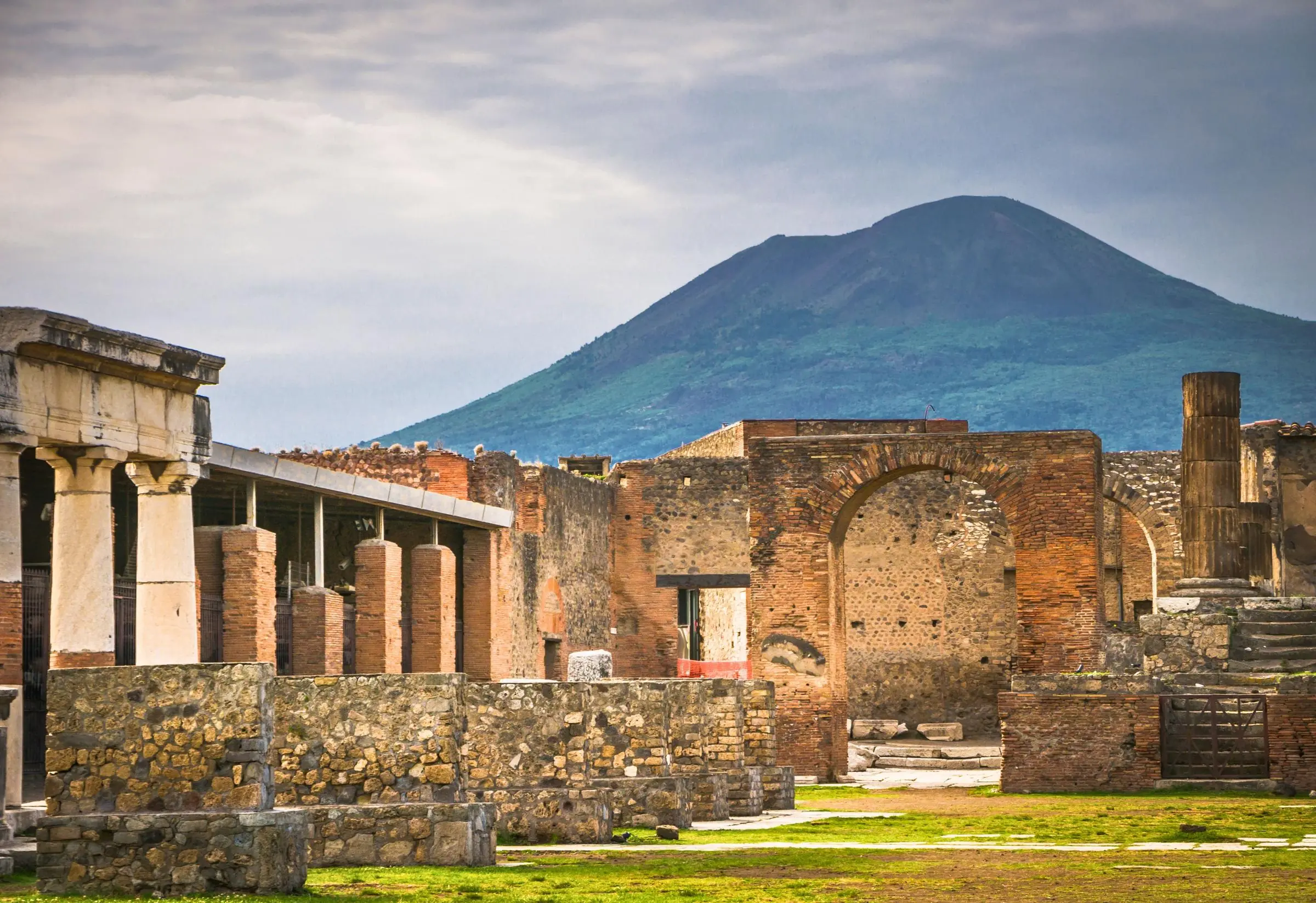 View over the ancient Roman ruins of Herculaneum with Mount Vesuvius in the background