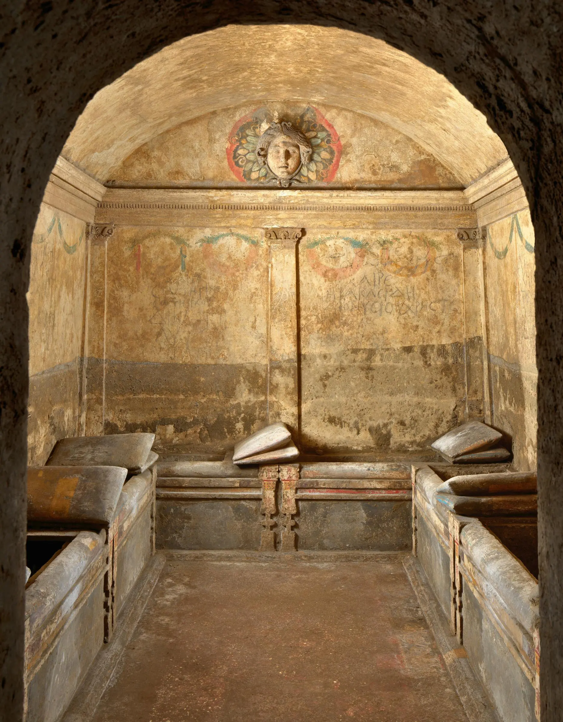 Chamber C of the Ipogeo dei Cristallini Ancient Hellenistic frescoes inside the Hypogeum of Crystallines in Naples
